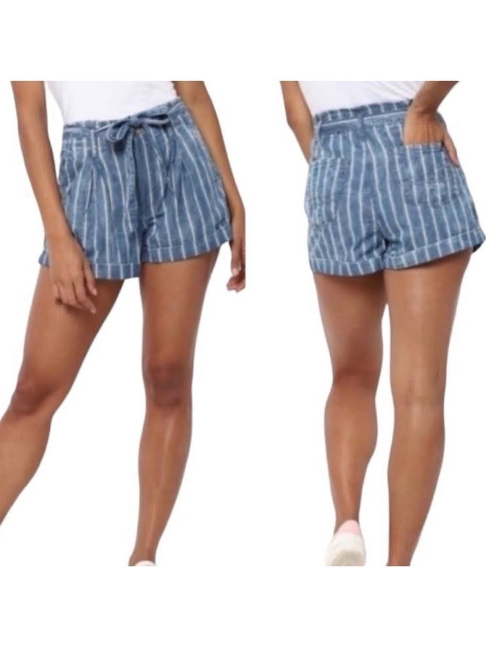 American Eagle Women's Stripped Denim Paper Bag Waist with Tie Belt Shorts - 6